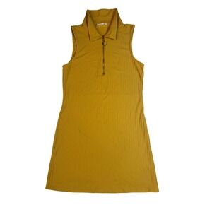 Elodie Mustard Yellow Ribbed Zip Front Sleeveless Mini Dress Size L Retro Y2K